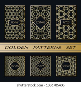 Geometric pattern with label, gold on black background. Golden, vintage, retro, autumn, winter, frame sign. Decorative abstract design, east motif, elegant line luxury foil. Openwork lace fashion set