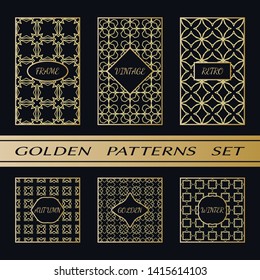 Geometric pattern with label, gold on black background. Golden, vintage, retro, autumn, winter, frame sign. Decorative abstract design, east motif, elegant line luxury foil. Openwork lace fashion set
