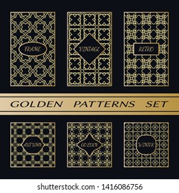 Geometric pattern with label, gold on black background. Golden, vintage, retro, autumn, winter, frame sign. Decorative abstract design, east motif, elegant line luxury foil. Openwork lace fashion set