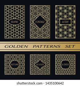 Geometric pattern with label, gold on black background. Golden, vintage, retro, autumn, winter, frame sign. Decorative abstract design, east motif, elegant line luxury foil. Openwork lace fashion set