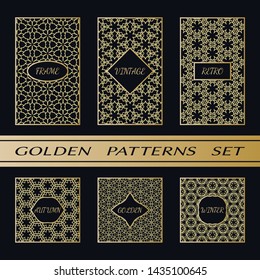 Geometric pattern with label, gold on black background. Golden, vintage, retro, autumn, winter, frame sign. Decorative abstract design, east motif, elegant line luxury foil. Openwork lace fashion set