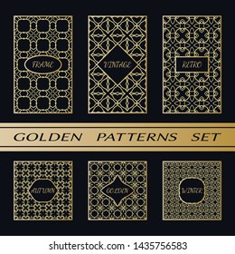 Geometric pattern with label, gold on black background. Golden, vintage, retro, autumn, winter, frame sign. Decorative abstract design, east motif, elegant line luxury foil. Openwork lace fashion set