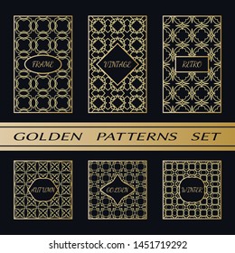 Geometric pattern with label, gold on black background. Golden, vintage, retro, autumn, winter, frame sign. Decorative abstract design, east motif, elegant line luxury foil. Openwork lace fashion set