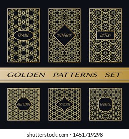 Geometric pattern with label, gold on black background. Golden, vintage, retro, autumn, winter, frame sign. Decorative abstract design, east motif, elegant line luxury foil. Openwork lace fashion set