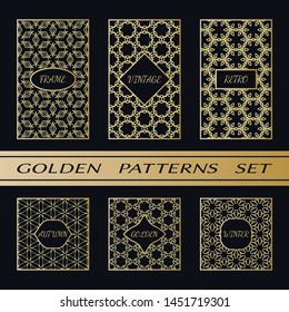 Geometric pattern with label, gold on black background. Golden, vintage, retro, autumn, winter, frame sign. Decorative abstract design, east motif, elegant line luxury foil. Openwork lace fashion set