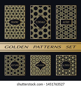 Geometric pattern with label, gold on black background. Golden, vintage, retro, autumn, winter, frame sign. Decorative abstract design, east motif, elegant line luxury foil. Openwork lace fashion set