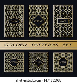 Geometric pattern with label, gold on black background. Golden, vintage, retro, autumn, winter, frame sign. Decorative abstract design, east motif, elegant line luxury foil. Openwork lace fashion set