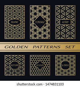 Geometric pattern with label, gold on black background. Golden, vintage, retro, autumn, winter, frame sign. Decorative abstract design, east motif, elegant line luxury foil. Openwork lace fashion set