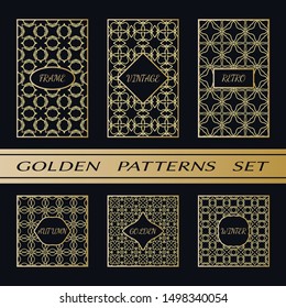 Geometric pattern with label, gold on black background. Golden, vintage, retro, autumn, winter, frame sign. Decorative abstract design, east motif, elegant line luxury foil. Openwork lace fashion set