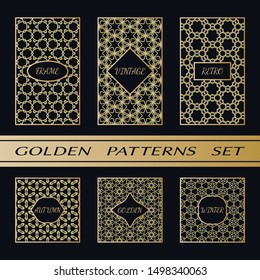 Geometric pattern with label, gold on black background. Golden, vintage, retro, autumn, winter, frame sign. Decorative abstract design, east motif, elegant line luxury foil. Openwork lace fashion set