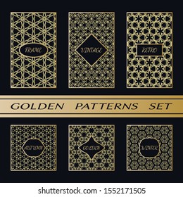 Geometric pattern with label, gold on black background. Golden, vintage, retro, autumn, winter, frame sign. Decorative abstract design, east motif, elegant line luxury foil. Openwork lace fashion set