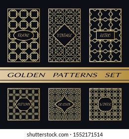 Geometric pattern with label, gold on black background. Golden, vintage, retro, autumn, winter, frame sign. Decorative abstract design, east motif, elegant line luxury foil. Openwork lace fashion set