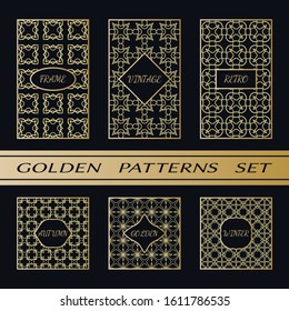 Geometric pattern with label, gold on black background. Golden, vintage, retro, autumn, winter, frame sign. Decorative abstract design, east motif, elegant line luxury foil. Openwork lace fashion set