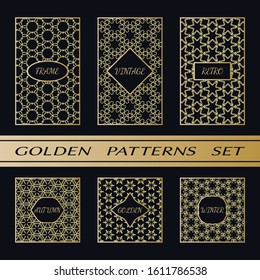 Geometric pattern with label, gold on black background. Golden, vintage, retro, autumn, winter, frame sign. Decorative abstract design, east motif, elegant line luxury foil. Openwork lace fashion set