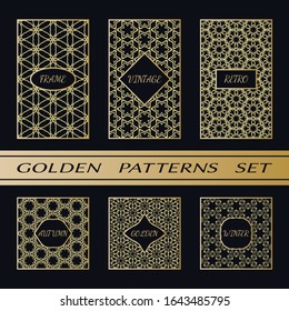 Geometric pattern with label, gold on black background. Golden, vintage, retro, autumn, winter, frame sign. Decorative abstract design, east motif, elegant line luxury foil. Openwork lace fashion set