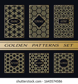 Geometric pattern with label, gold on black background. Golden, vintage, retro, autumn, winter, frame sign. Decorative abstract design, east motif, elegant line luxury foil. Openwork lace fashion set