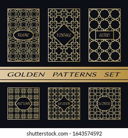 Geometric pattern with label, gold on black background. Golden, vintage, retro, autumn, winter, frame sign. Decorative abstract design, east motif, elegant line luxury foil. Openwork lace fashion set