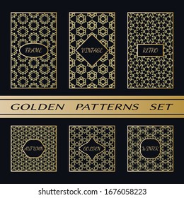 Geometrisches Muster mit Etikett, Gold auf schwarzem Hintergrund. Golden, Vintage, Retro, Herbst, Winter, Rahmenschild. Dekoratives abstraktes Design, Ostmotiv, elegante Luxusfolie. Modeset für offene Arbeiten