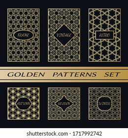 Geometric pattern with label, gold on black background. Golden, vintage, retro, autumn, winter, frame sign. Decorative abstract design, east motif, elegant line luxury foil. Openwork lace fashion set