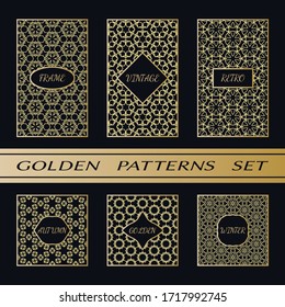 Geometric pattern with label, gold on black background. Golden, vintage, retro, autumn, winter, frame sign. Decorative abstract design, east motif, elegant line luxury foil. Openwork lace fashion set