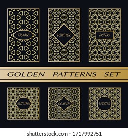 Geometric pattern with label, gold on black background. Golden, vintage, retro, autumn, winter, frame sign. Decorative abstract design, east motif, elegant line luxury foil. Openwork lace fashion set