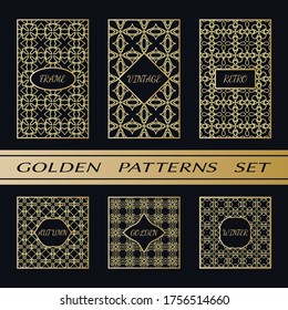 Geometric pattern with label, gold on black background. Golden  
retro vintage autumn or winter frame sign. Decorative abstract design, east motif, elegant line luxury foil. Openwork lace fashion set