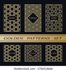Geometric pattern with label, gold on black background. Golden  
retro vintage autumn or winter frame sign. Decorative abstract design, east motif, elegant line luxury foil. Openwork lace fashion set