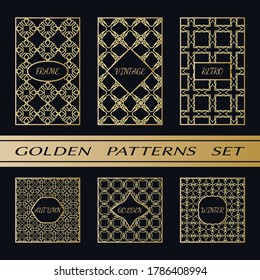 Geometric pattern with label, gold on black background. Golden, vintage, retro, autumn, winter, frame sign. Decorative abstract design, east motif, elegant line luxury foil. Openwork lace fashion set