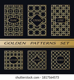 Geometric pattern with label, gold on black background. Golden, vintage, retro, autumn, winter, frame sign. Decorative abstract design, east motif, elegant line luxury foil. Openwork lace fashion set