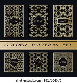 Geometric pattern with label, gold on black background. Golden, vintage, retro, autumn, winter, frame sign. Decorative abstract design, east motif, elegant line luxury foil. Openwork lace fashion set