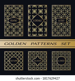 Patrón geométrico con etiqueta, oro sobre fondo negro. Dorado, vintage, retro, otoño, invierno, símbolo de marco. Diseño abstracto decorativo, con motivos orientales, lámina lujosa elegante. Juego de moda de encaje de apertura