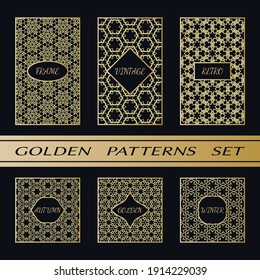 Geometric pattern with label, gold on black background. Golden, vintage, retro, autumn, winter, frame sign. Decorative abstract design, east motif, elegant line luxury foil. Openwork lace fashion set