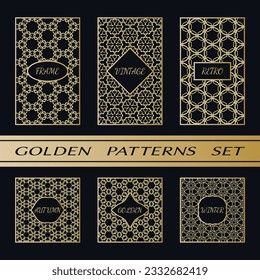 Geometric pattern with label, gold on black background. Golden, vintage, retro, autumn, winter, frame sign. Decorative abstract design, east motif, elegant line luxury foil. Openwork lace fashion set