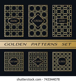 Geometric pattern with label, gold on black background. Golden, vintage, retro, autumn, winter, frame sign. Decorative abstract design, east motif, elegant line luxury foil. Openwork lace fashion set