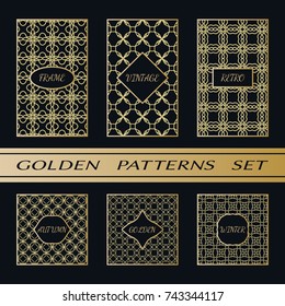 Geometric pattern with label, gold on black background. Golden, vintage, retro, autumn, winter, frame sign. Decorative abstract design, east motif, elegant line luxury foil. Openwork lace fashion set