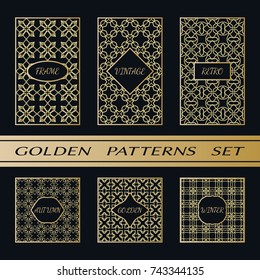 Geometric pattern with label, gold on black background. Golden, vintage, retro, autumn, winter, frame sign. Decorative abstract design, east motif, elegant line luxury foil. Openwork lace fashion set