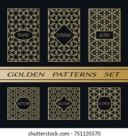 Geometric pattern with label, gold on black background. Golden, vintage, retro, autumn, winter, frame sign. Decorative abstract design, east motif, elegant line luxury foil. Openwork lace fashion set
