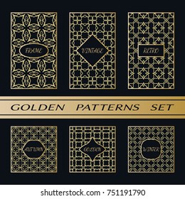Geometric pattern with label, gold on black background. Golden, vintage, retro, autumn, winter, frame sign. Decorative abstract design, east motif, elegant line luxury foil. Openwork lace fashion set