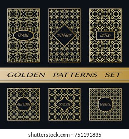 Geometric pattern with label, gold on black background. Golden, vintage, retro, autumn, winter, frame sign. Decorative abstract design, east motif, elegant line luxury foil. Openwork lace fashion set