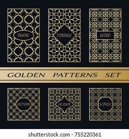 Geometric pattern with label, gold on black background. Golden, vintage, retro, autumn, winter, frame sign. Decorative abstract design, east motif, elegant line luxury foil. Openwork lace fashion set