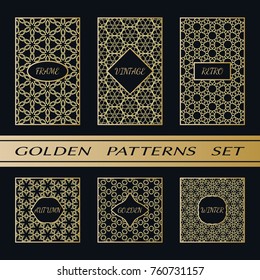 Geometric pattern with label, gold on black background. Golden, vintage, retro, autumn, winter, frame sign. Decorative abstract design, east motif, elegant line luxury foil. Openwork lace fashion set