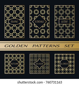 Geometric pattern with label, gold on black background. Golden, vintage, retro, autumn, winter, frame sign. Decorative abstract design, east motif, elegant line luxury foil. Openwork lace fashion set