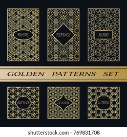 Geometric pattern with label, gold on black background. Golden, vintage, retro, autumn, winter, frame sign. Decorative abstract design, east motif, elegant line luxury foil. Openwork lace fashion set