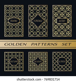 Geometric pattern with label, gold on black background. Golden, vintage, retro, autumn, winter, frame sign. Decorative abstract design, east motif, elegant line luxury foil. Openwork lace fashion set