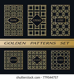 Geometric pattern with label, gold on black background. Golden, vintage, retro, autumn, winter, frame sign. Decorative abstract design, east motif, elegant line luxury foil. Openwork lace fashion set
