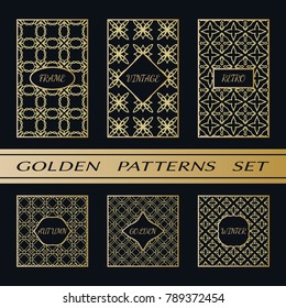 Geometric pattern with label, gold on black background. Golden, vintage, retro, autumn, winter, frame sign. Decorative abstract design, east motif, elegant line luxury foil. Openwork lace fashion set
