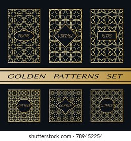Geometric pattern with label, gold on black background. Golden, vintage, retro, autumn, winter, frame sign. Decorative abstract design, east motif, elegant line luxury foil. Openwork lace fashion set