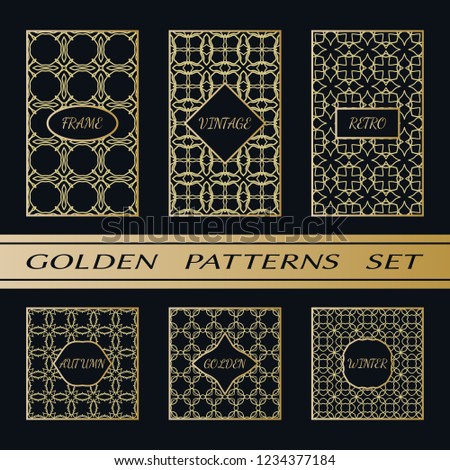 Geometric pattern with label, gold on black background. Golden, vintage, retro, autumn, winter, frame sign. Decorative abstract design, east motif, elegant line luxury foil. Openwork lace fashion set