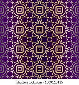 Geometric Pattern, Lace Geometric Ornament. Ethnic Beautiful Ornament. Vector Illustration. For Greeting Cards, Invitations, Cover Book, Fabric, Scrapbooks. Purple gold color.