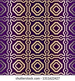 Geometric Pattern, Lace Geometric Ornament. Ethnic Beautiful Ornament. Vector Illustration. For Greeting Cards, Invitations, Cover Book, Fabric, Scrapbooks. Purple gold color.